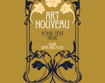 Könnte beinhalten: Ein dekorativer Rahmen mit einem floralen Design in dunkelblau auf goldenem Hintergrund. Der Rahmen trägt den Text "Art Nouveau" und Platz für Text sowie Datum und Ort.