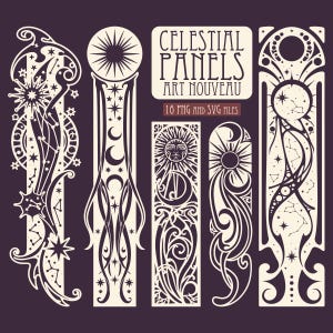 Art Nouveau Celestial Panels SVG PNG Bundle, 16 Celestial Decorative Panels, Moon Sun Stars Ornament, Mystical Vintage Vector Clipart