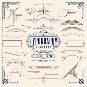 48 retro typografi element SVG PNG-paket | Vintage ornamentala designelement och dekorativ grafik