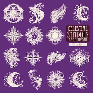 Może przedstawiać: Kolekcja białych ilustracji niebieskich na fioletowym tle, obejmująca planety, gwiazdy, księżyce i słońca z ozdobnymi wzorami. Tekst głosi: CELESTIAL SYMBOLS ART NOUVEAU 24 PNG and SVG FILES. Te grafiki zawierają ozdobne, kręcone linie.