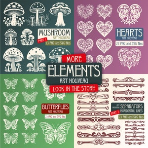 K&ouml;nnte beinhalten: Ein Set mit 25 digitalen Illustrationen im Jugendstil mit Pilzen, Herzen, Schmetterlingen und horizontalen Trennern. Die Illustrationen sind in Schwarzwei&szlig; gehalten und haben einen Vintage-Look. Der Text "Mushroom", "Hearts", "Butterflies", "Separators", "Art Nouveau" und "More Elements" ist im Bild enthalten.