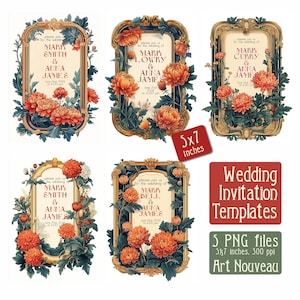 Plantillas de invitación de boda con marcos Art Nouveau - ilustración digital, portada vintage, PNG, descarga digital de arte, tarjeta vintage, 5x7 pulgadas
