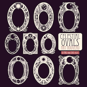 May include: A collection of eight decorative frames in oval and rectangular shapes featuring celestial motifs like suns, moons, and stars. The text reads CELESTIAL OVALS ART NOUVEAU 9 PNG AND SVG FILES. The designs are white on a dark purple background.
