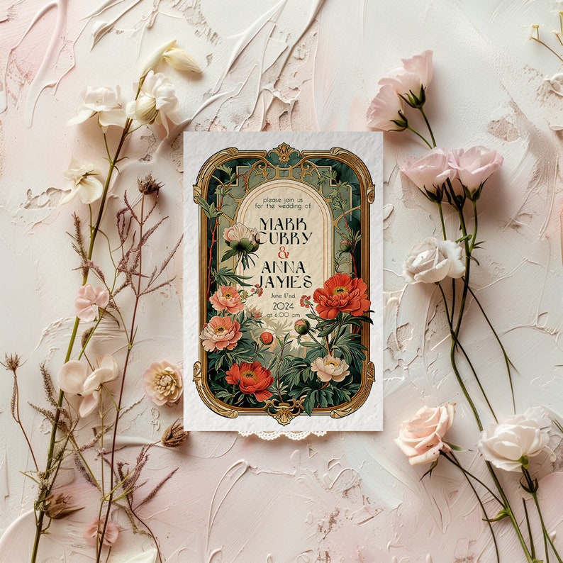 May include: A wedding invitation with a floral design in a gold frame. The invitation reads "Please join us for the wedding of Mark Curry & Anna Jaymes June 1st 2024 at 6:00 pm"
