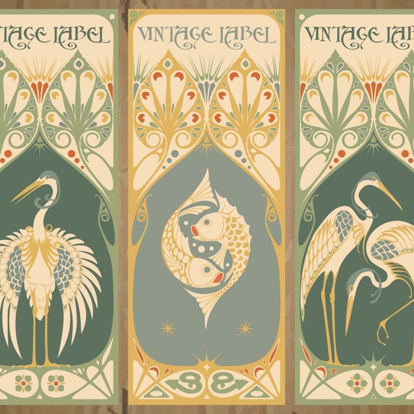 Vintage Cover: Fische und Storch, Jugendstil ClipArt, Jugendstil Vintage Aufkleber, Jugendstil Illustration, EPS, AI, digitaler Aufkleber,Art Deco