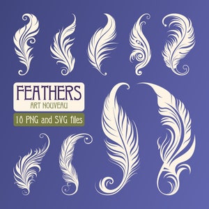 May include: A set of 10 white feather illustrations in an Art Nouveau style. The feathers are stylized and have a decorative, swirling design. The text "FEATHERS ART NOUVEAU 10 PNG and SVG files" is at the bottom of the image.