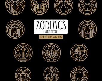 12 art-deco sterrenbeelden SVG PNG, astrologie vector iconen, zwarte dierenriem symbolen, horoscoop clipart, hemelse logo ontwerpen