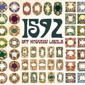Art Nouveau digital labels for wedding invitations and events, vintage book cover, set of clip art floral frames for printing