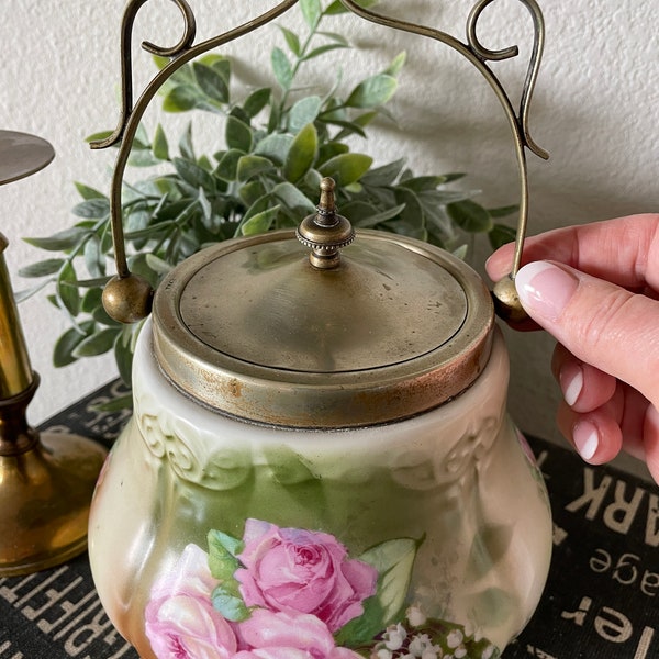 Antique Victorian Sugar Dish or Biscuit Barrel Hand Painted with Brass Handle and Lid