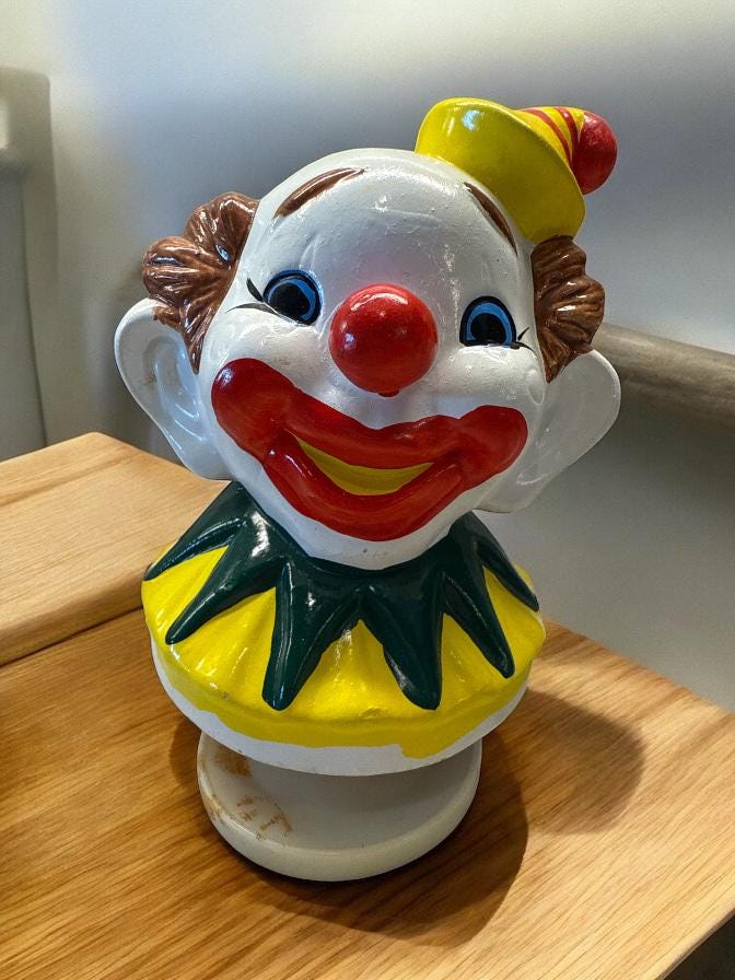 Vintage Bisque Ceramic Clown Head Revolving Music Box Plays 