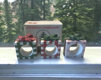 Vintage Hand Painted Ceramic Christmas Presents Napkin Rings set of Three