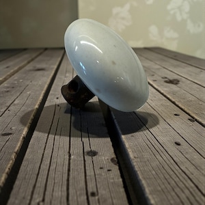 May include: A vintage white porcelain door knob with a dark metal base. The oval-shaped knob has a glossy finish and is set against a weathered wooden surface. The background features a floral patterned wallpaper.