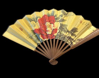 Vintage Japanese Silk Folding Fan with Red and Yellow Peony on Gold Background, Hand Painted Bamboo Fan Wall Décor