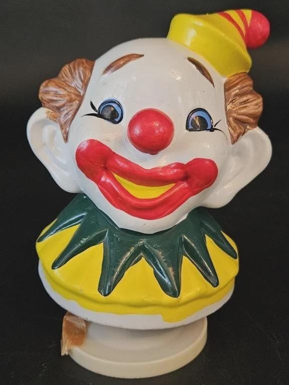 Vintage Bisque Ceramic Clown Head Revolving Music Box Plays 
