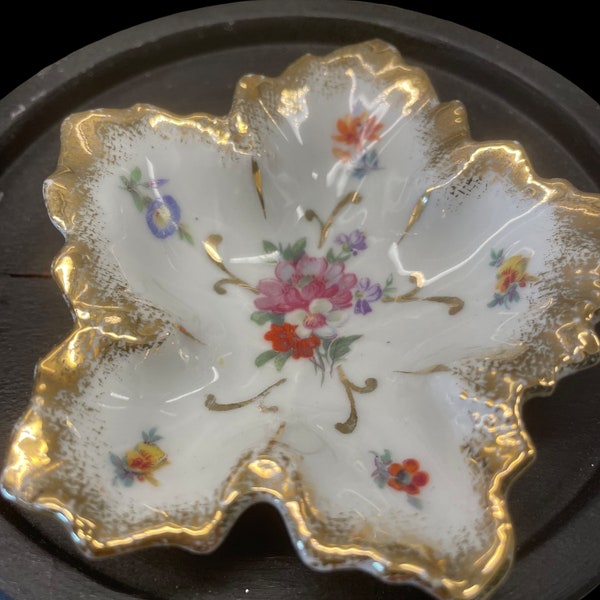 Vintage Elfinware Porcelain Mini Plate White/Gold Trim Flowers Made in Germany Cute 3.5" Salt Dish Cellar Trinket Dish