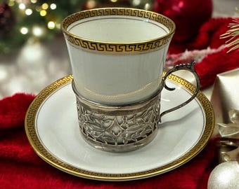 Vintage Beautiful Paragon English Bone China Cup Encased in Sterling Holder
