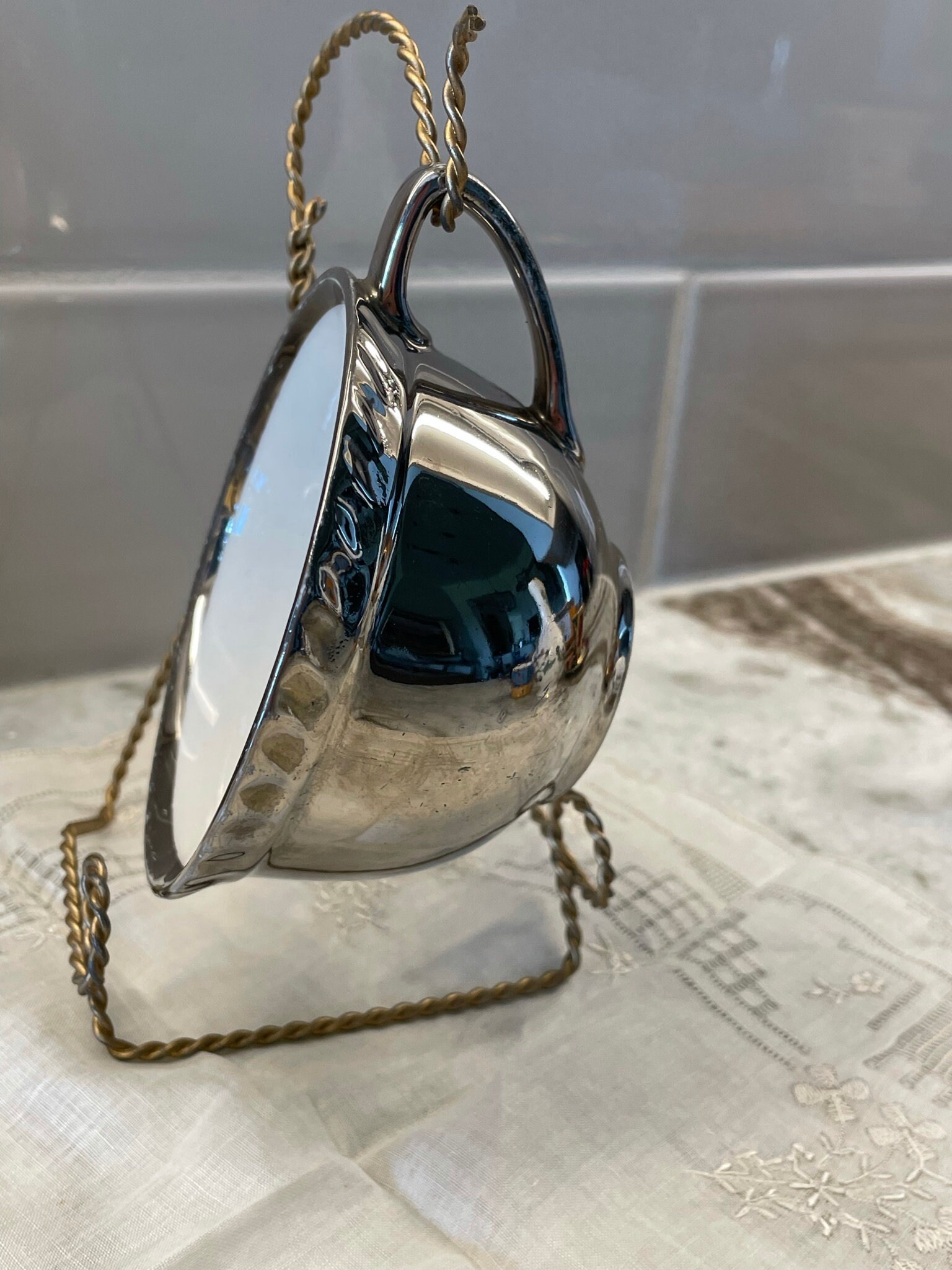 Antique Gray's Pottery England HandPainted Silver Mirror Cup and