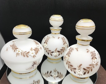 West Germany Glass vanity set perfume and powder jar White and gold with mirror base