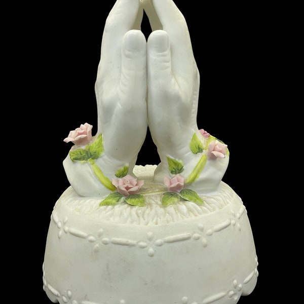 Vintage Touch of Rose by Roman Ceramic Bisque Praying Hands Music Box "Amazing Grace"