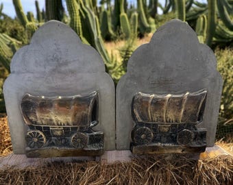Vintage Conestoga Covered Wagon Brass and Metal Bookends