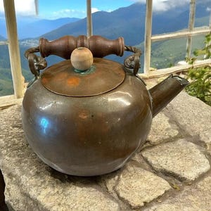 May include: A vintage copper kettle with a wooden handle and lid knob. The kettle has a spout and sits on a stone surface. The background features a scenic view of mountains and a blue sky.