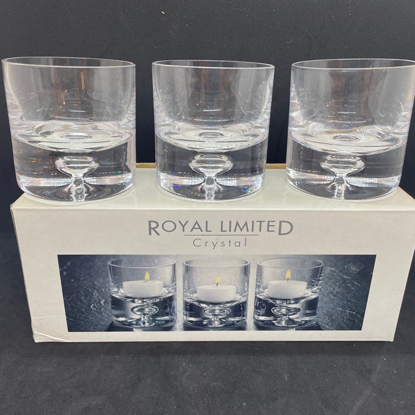 NIB Royal Limited Handcut 24% Lead Crystal 3pc set Round Glass Votive Candle Holder-NEW