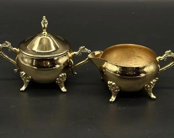 Antique Golden Electroplate Embossed Floral Cream and Sugar with lid Set