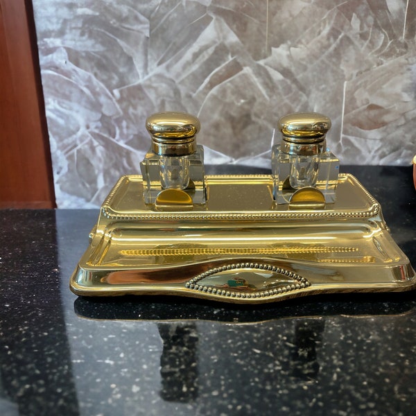 Antique Brass Plated Dual Crystal Hinged Inkwell Inkstand Desk Set