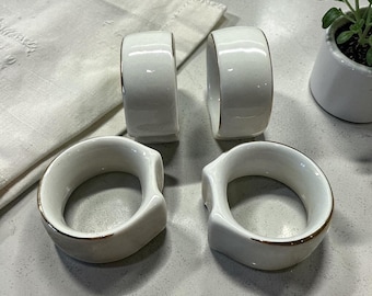 Vintage White Enamel Napkin Rings Gold Trim Set of 4 Ceramic Minimalist Table Decor Elegant Dining
