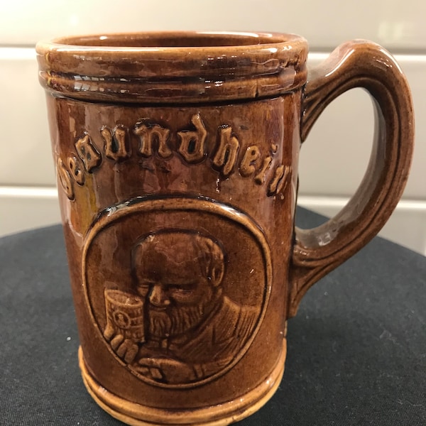 Vintage 30s Stoneware Compliments Gesundheit Beer Tankard Mug Stein