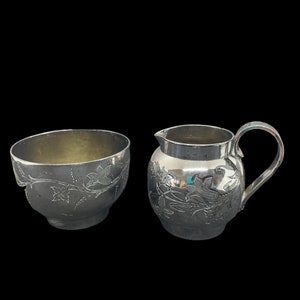 Antique Meriden Wilcox Quadruple Silver Plated Co #236 Embossed Floral Cream and Sugar Set