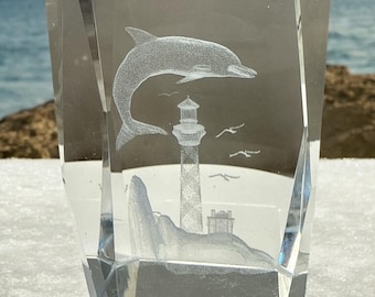 Crystal Dolphin and Lighthouse Laser Etched 3D Holographic View