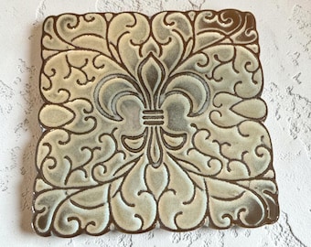 Vintage Frankoma Pottery Trivet 6x6 Fleur De Lis Prairie Green Brown Tile Hot Plate Oklahoma Decor mold #5TR