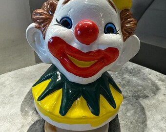 Vintage Bisque Ceramic Clown Head Revolving Music Box Plays 