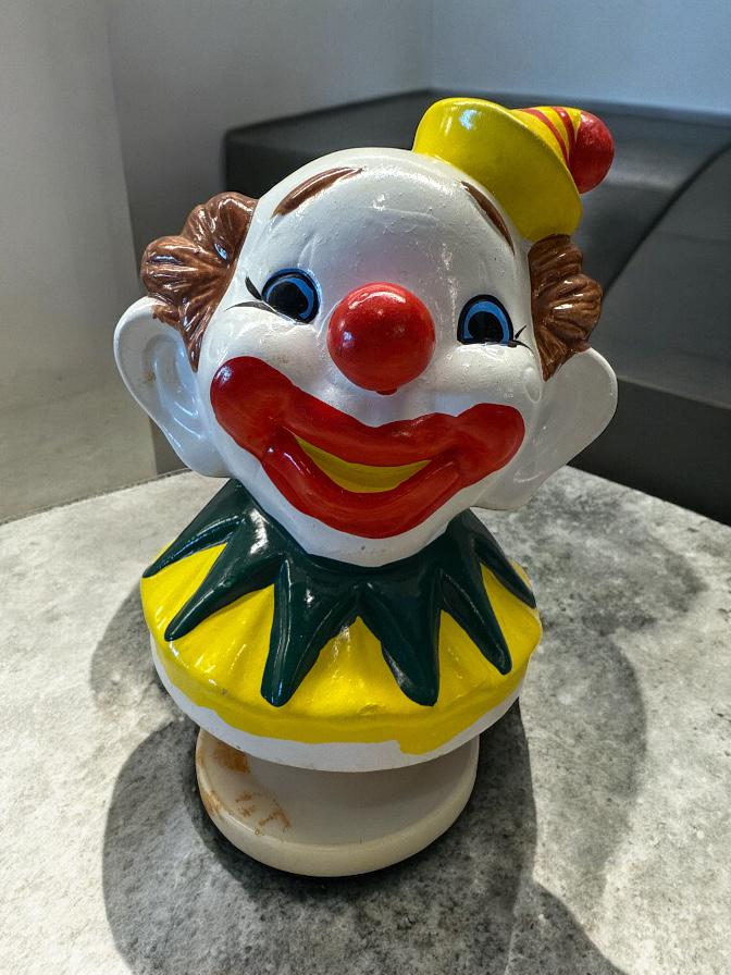 Vintage Bisque Ceramic Clown Head Revolving Music Box Plays 