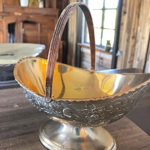 Vintage 1950s English Victorian Bowl Romantic Silver-Plated Floral Candy Basket Gilded Footed  by Corbell & Company