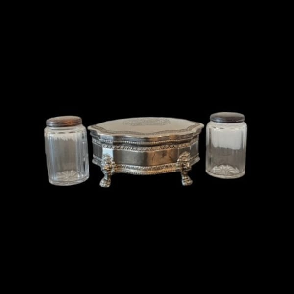 Vintage Dieu Et Mon Droit British Royal Crest Silver Plate Trinket Jewelry Box and Glass Bottles Vanity Set