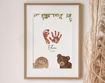 Luxury Custom Woodland Nursery Prints, Personalised Baby Handprint Footprint Art, New Baby Gift, Baby Shower Gender Neutral Baby Gift