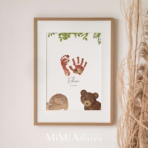 Luxury Custom Woodland Nursery Prints, Personalised Baby Handprint Footprint Art, New Baby Gift, Baby Shower Gender Neutral Baby Gift