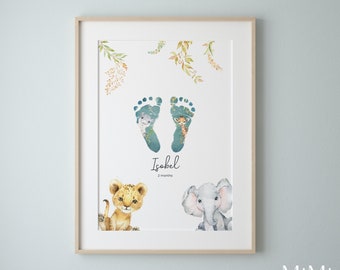 Watercolour Baby Footprint Keepsake | Jungle Nursery Print | New Baby Gift | Baby Shower Gift | Newborn | Boy Girl | Baby Gift Keepsake