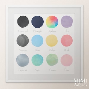 K&ouml;nnte beinhalten: Ein Diagramm mit 12 Aquarellkreisen, jeder mit einer anderen Farbe und einem anderen Namen. Die Farben sind Anthrazit, Mitternachtsblau, Regenbogen, Lila, Rauch, Blau, Gelb, Rouge, Elefant, Aqua, Gr&uuml;n und Rosa.