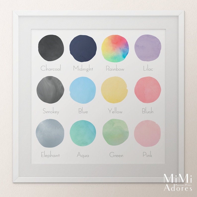 K&ouml;nnte beinhalten: Ein Diagramm mit 12 Aquarellkreisen, jeder mit einer anderen Farbe und einem anderen Namen. Die Farben sind Anthrazit, Mitternachtsblau, Regenbogen, Lila, Rauch, Blau, Gelb, Rouge, Elefant, Aqua, Gr&uuml;n und Rosa.