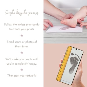 May include: A simple guide for creating inkless prints of baby's feet. The guide includes instructions on how to take photos or scans of the prints and send them to the seller, who will then create proofs until the customer is satisfied. The guide also includes a photo of a baby's footprint on a white card with a ruler next to it.