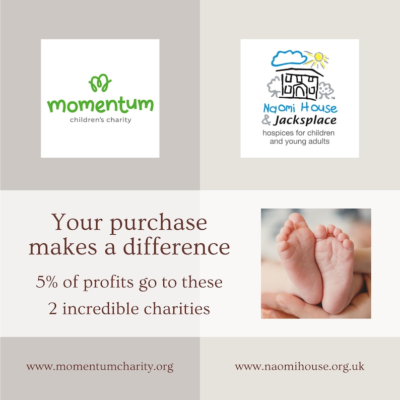 K&ouml;nnte beinhalten: Eine Grafik mit zwei Logos f&uuml;r Kinderhilfsorganisationen. Das Logo oben links ist f&uuml;r Momentum Children's Charity, mit einem stilisierten gr&uuml;nen 'M' und dem Text "momentum children's charity". Das Logo oben rechts ist f&uuml;r Naomi House & Jacksplace, mit einer handgezeichneten Illustration eines Hauses mit Sonne und Wolken und dem Text "Naomi House & Jacksplace hospices for children and young adults". Der Text "Your purchase makes a difference 5% of profits go to these 2 incredible charities" befindet sich unter den Logos. Die linke untere Ecke enth&auml;lt die Website-Adresse "www.momentumcharity.org". Die rechte untere Ecke enth&auml;lt die Website-Adresse "www.naomihouse.org.uk".