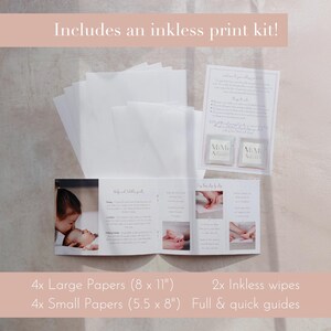 May include: Inkless print kit for making baby hand and footprints. Includes 4 large papers (8 x 11 inches), 4 small papers (5.5 x 8 inches), 2 inkless wipes, and full and quick guides.