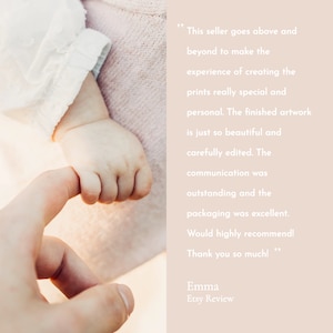 K&ouml;nnte beinhalten: Nahaufnahme einer Babyhand, die den Finger eines Erwachsenen h&auml;lt. Das Bild wird von einer positiven Kundenbewertung begleitet, die die Arbeit und den Service des Verk&auml;ufers lobt. In der Bewertung hei&szlig;t es, dass der Verk&auml;ufer alles daran setzt, die Erfahrung der Erstellung von Drucken besonders und pers&ouml;nlich zu gestalten. Die Bewertung erw&auml;hnt auch, dass das fertige Kunstwerk wundersch&ouml;n und sorgf&auml;ltig bearbeitet ist, die Kommunikation hervorragend war und die Verpackung ausgezeichnet war. Die Bewertung endet mit einer Empfehlung und einem Dank an den Verk&auml;ufer.