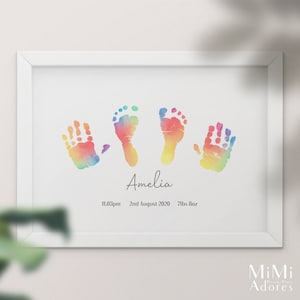 Rainbow Baby Keepsake in Ombre Watercolour, Baby Toddler Handprint Footprint Art Keepsake, Nursery Rainbow Baby Gift, Custom Baby Name Print