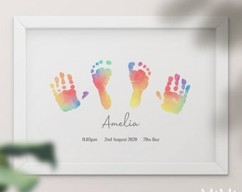 Rainbow Baby Keepsake in Ombre Watercolour, Baby Toddler Handprint Footprint Art Keepsake, Nursery Rainbow Baby Gift, Custom Baby Name Print
