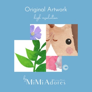 Op de afbeelding: Een digitale illustratie van een aquarel schilderij met een schattige cartoon hond met bruine vacht, een roze neus en een zwart oog. De hond is omringd door groene bladeren, een roze bloem en een paarse bloem. De afbeelding bevat de tekst "by MiMi Adore" en "Precious Prints".