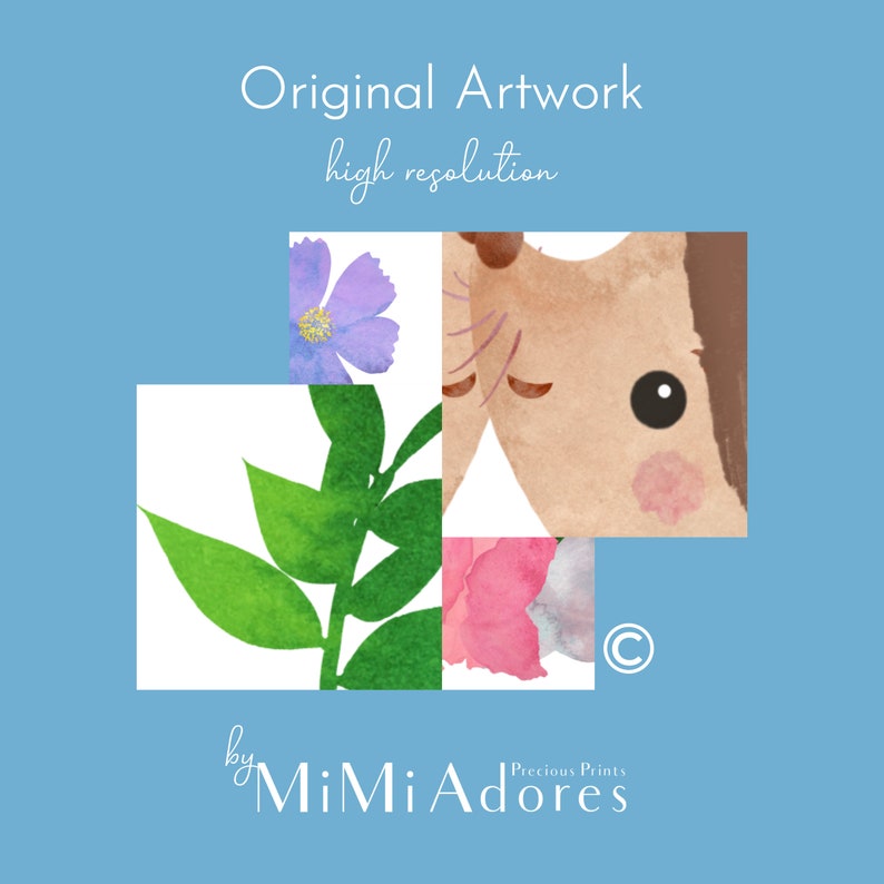 Op de afbeelding: Een digitale illustratie van een aquarel schilderij met een schattige cartoon hond met bruine vacht, een roze neus en een zwart oog. De hond is omringd door groene bladeren, een roze bloem en een paarse bloem. De afbeelding bevat de tekst "by MiMi Adore" en "Precious Prints".